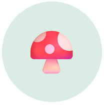 An icon of a red mushroom with white spots inside a light green circle.