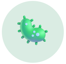 A 3D illustration of a green cartoon germ or bacterium inside a light green circle.