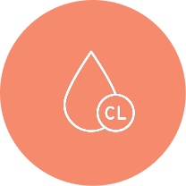 Icon of a water droplet with 'CL' inside a circle on a peach background.