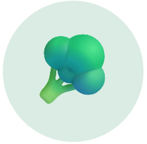 A stylized 3D illustration of a broccoli floret inside a light green circle.