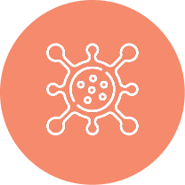 White virus icon on a coral circular background.