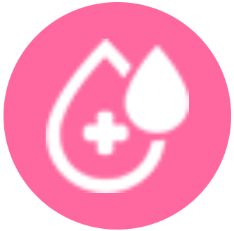 A pink circular icon with a white graphic of two drops, one containing a plus sign.