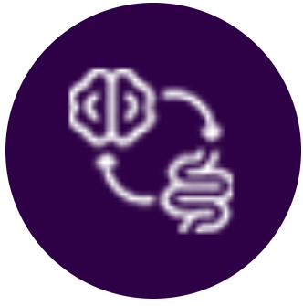 A circular purple icon showing a feedback loop with arrows between a brain and intestines.
