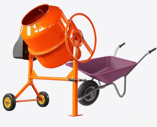 Orange cement mixer and purple wheelbarrow on a white background.