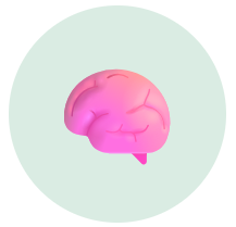 A pink, 3D illustration of a brain inside a light green circle.