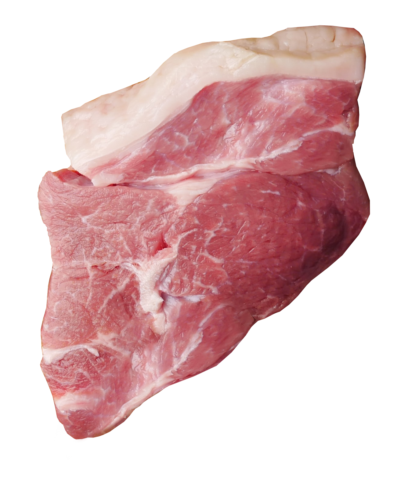 A single raw cut of meat with a thick fat cap, shown against a solid green background.