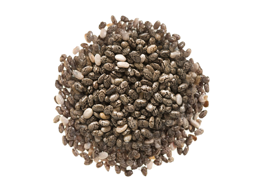 An overhead shot of a circular pile of chia seeds against a white background.