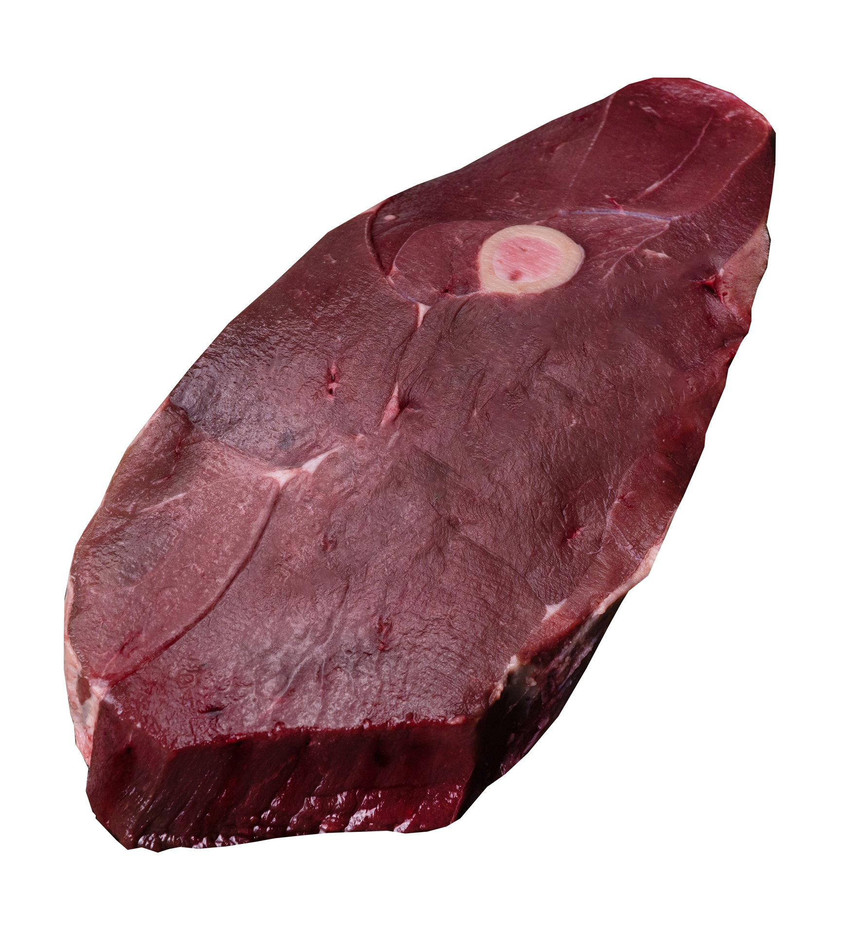 A large slice of raw, red meat with a small bone, shown against a solid green background.