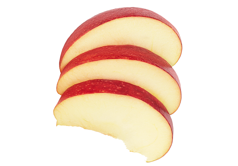Four slices of a red apple fanned out against a white background, one with a bite mark.