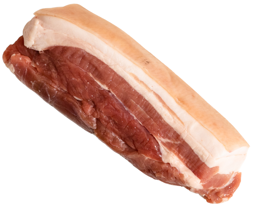 Raw wild boar belly meat with thick white fat cap and deep red muscle layers, isolated on black background
