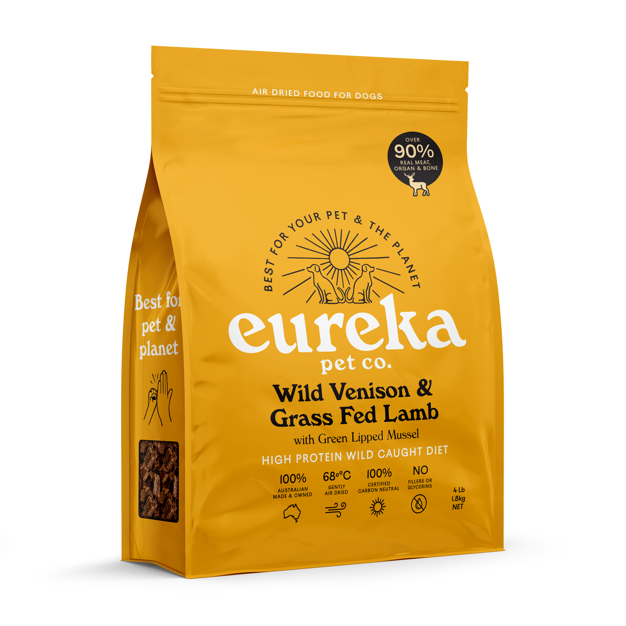 A yellow bag of Eureka Pet Co. Wild Venison & Grass Fed Lamb air dried dog food.