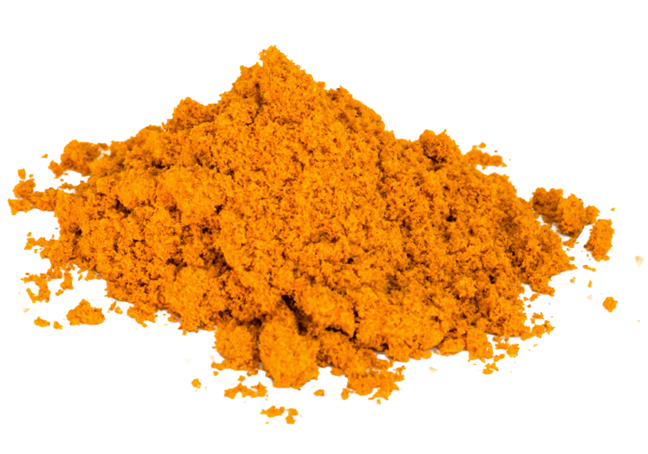 A small pile of yellow-orange curry powder isolated on a white background.