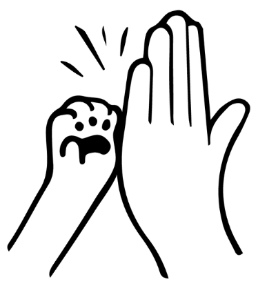 A line drawing of a human hand giving a high five to an animal's paw.