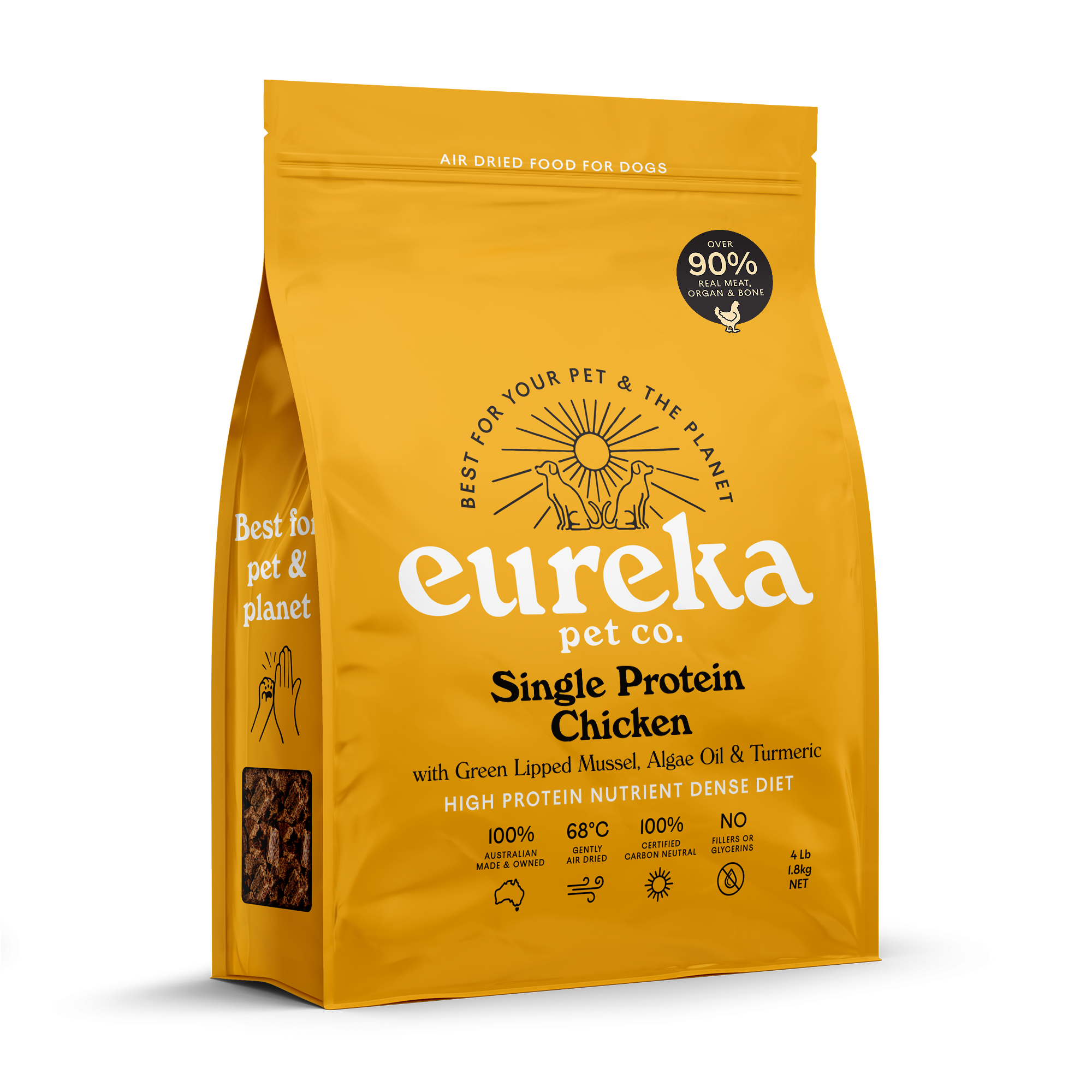 A yellow bag of Eureka Pet Co. Single Protein Chicken air-dried dog food on a white background.