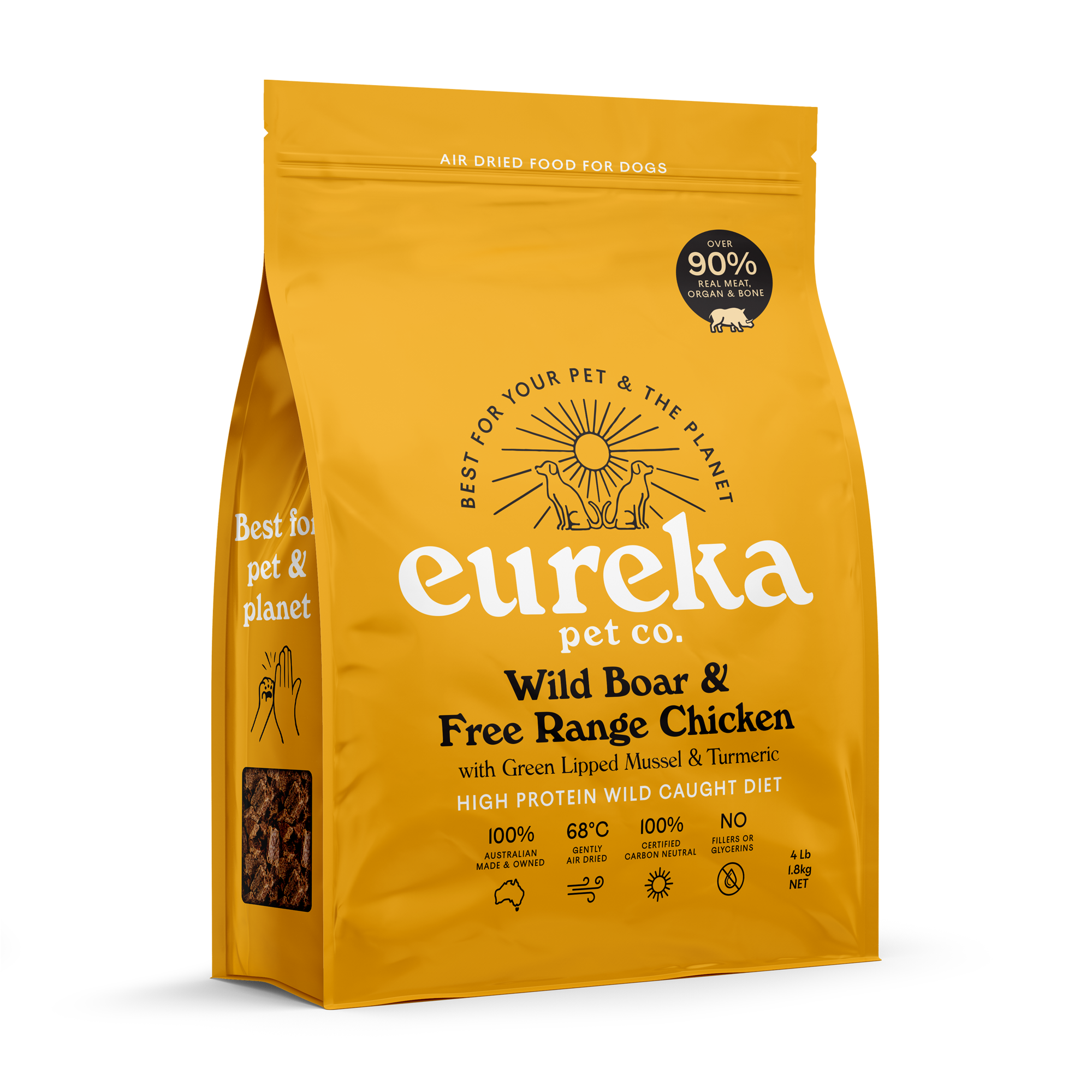 A yellow bag of Eureka Pet Co. Wild Boar & Free Range Chicken air dried dog food.