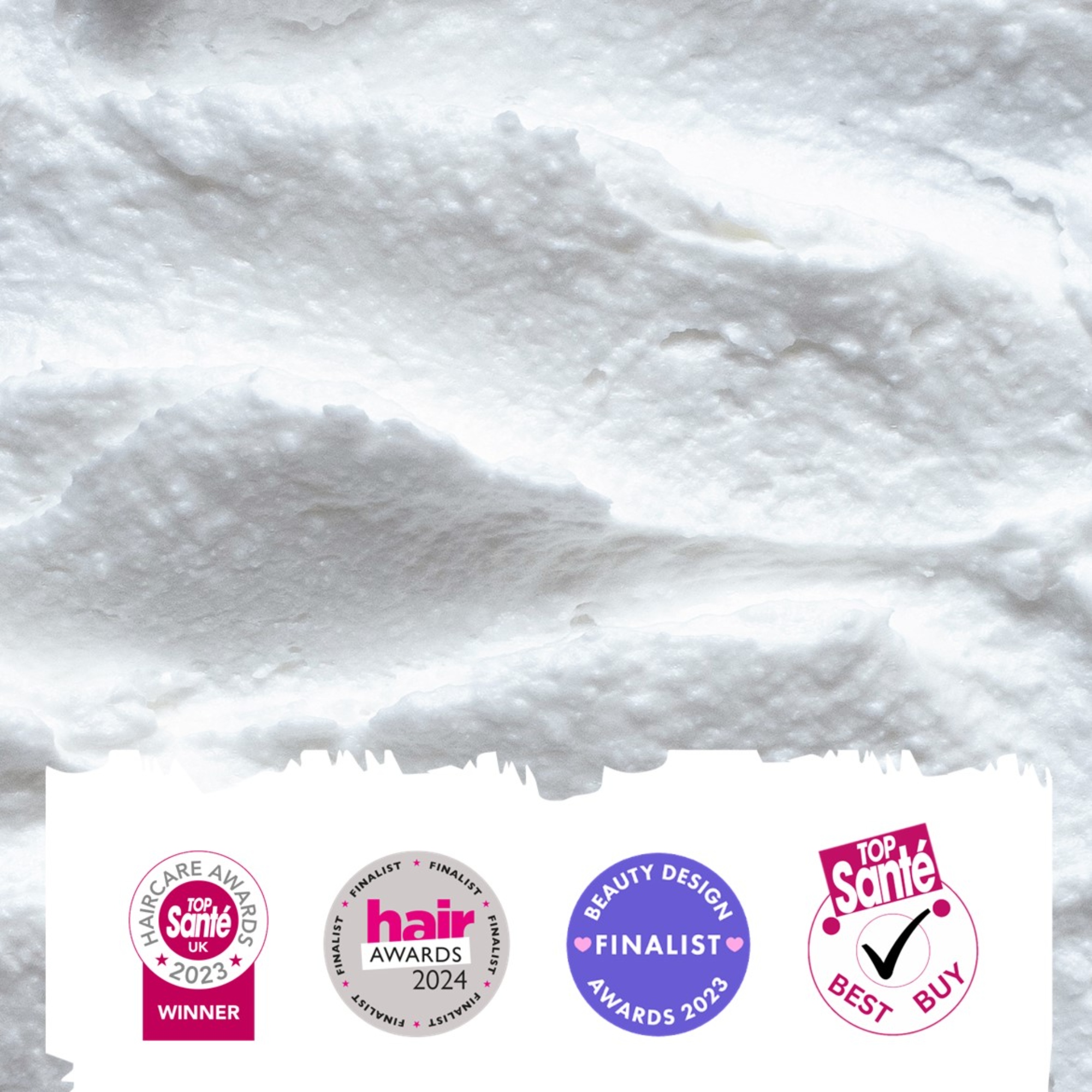 A white, creamy textured background with four different beauty award logos from 2023 and 2024.