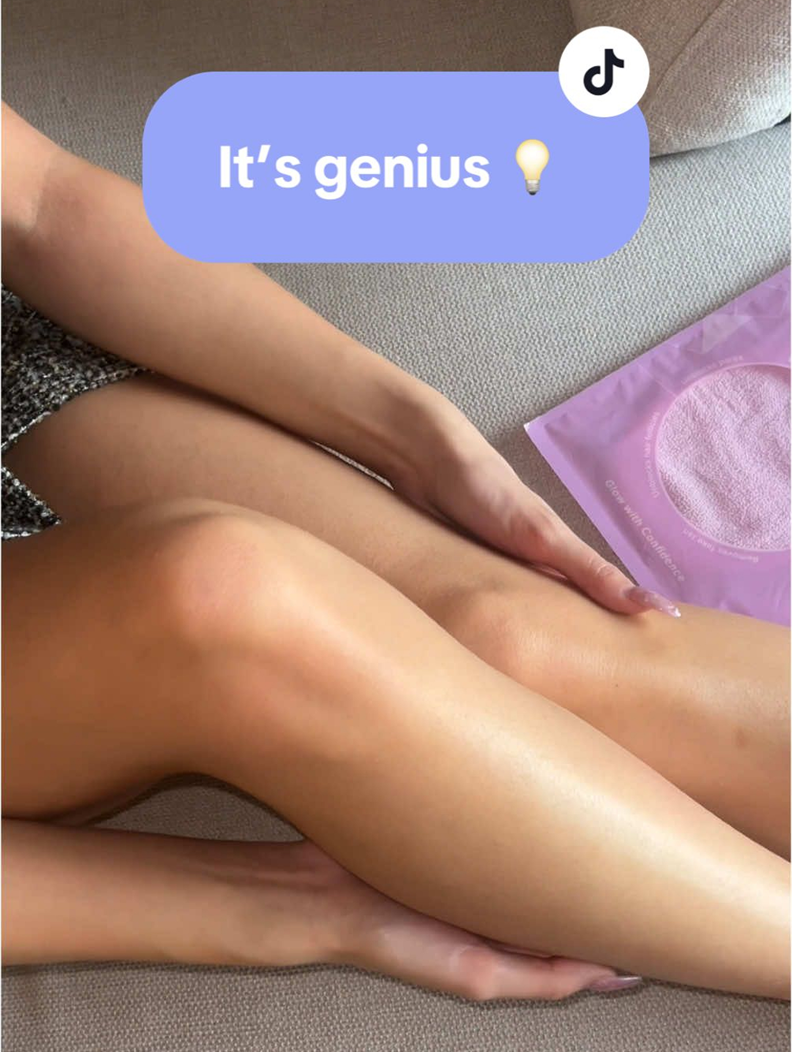 Person touching their legs with a purple package nearby, text overlay says 'It's genius'.