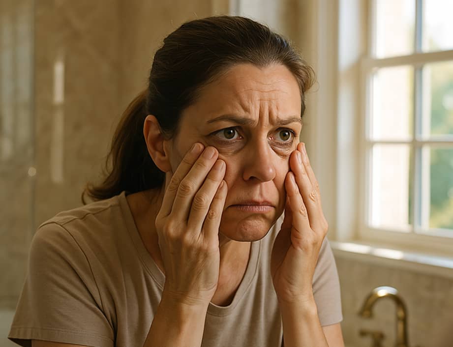 Woman looking concerned, touching her face in a bathroom.