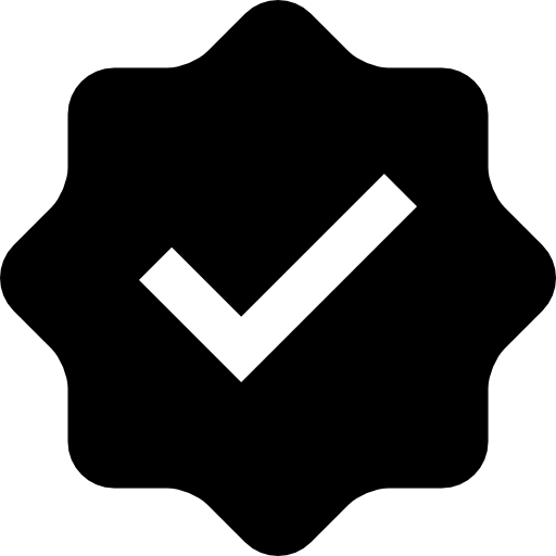 Black checkmark inside a star-shaped badge icon.
