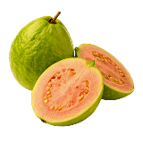 Whole and sliced guava with pink flesh on a white background.