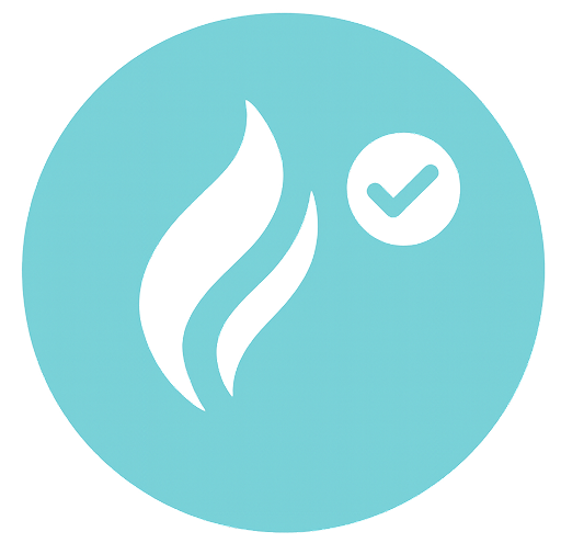 Blue circle with flame and check mark symbols.