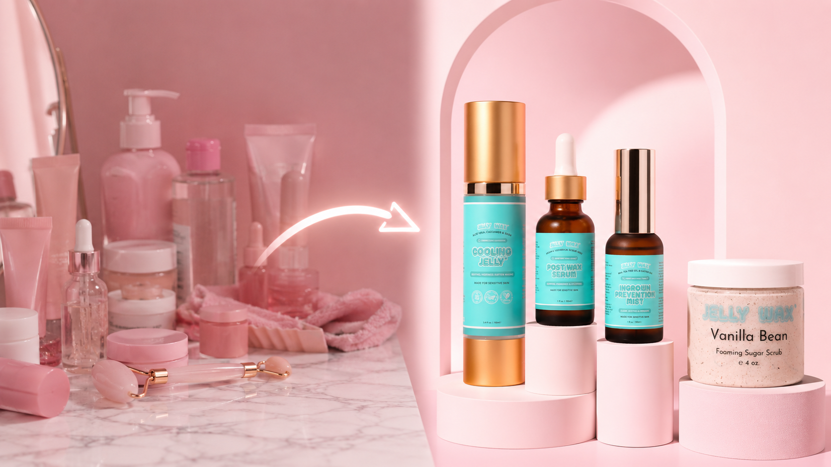 A before-and-after graphic showing a cluttered skincare vanity transforming into an organized display of Jelly Wax products.
