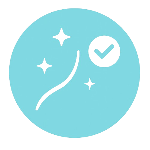 Abstract icons on a light blue circular background.
