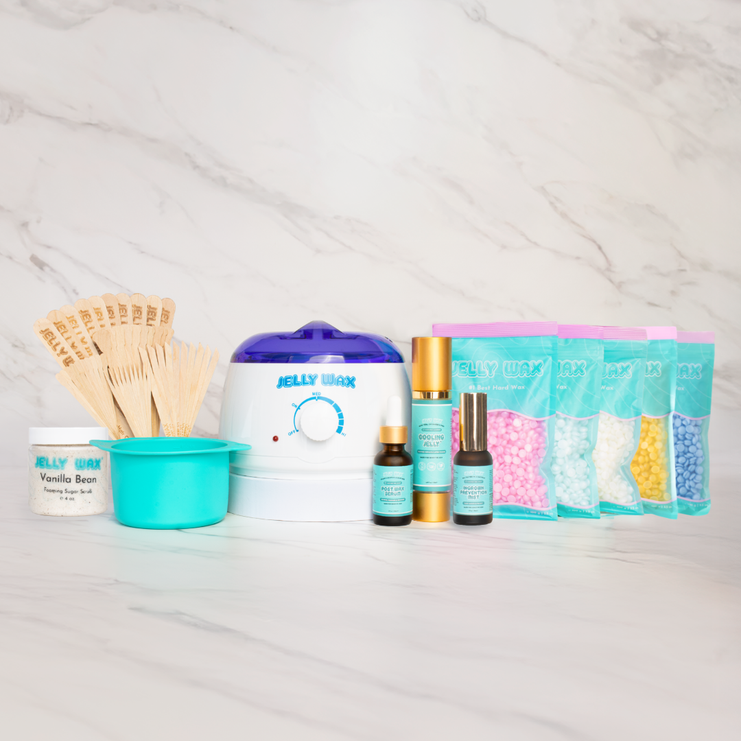 A Jelly Wax home waxing kit with a warmer, colorful wax beads, and various application accessories.