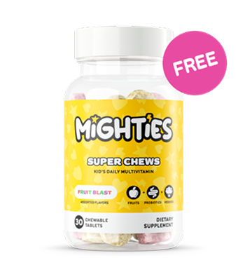 Bottle of Mighties Super Chews with a 'Free' label.