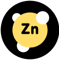 Yellow circle with 'Zn' and three white circles around it.