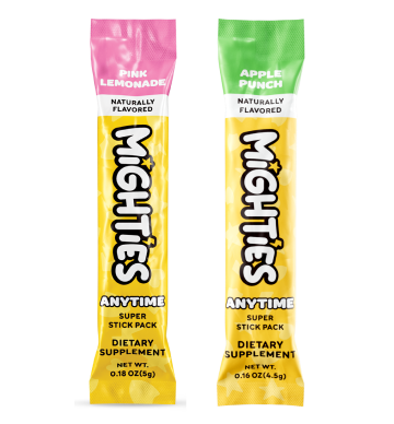 Two Mighties dietary supplement stick packs, pink lemonade and apple punch flavors.
