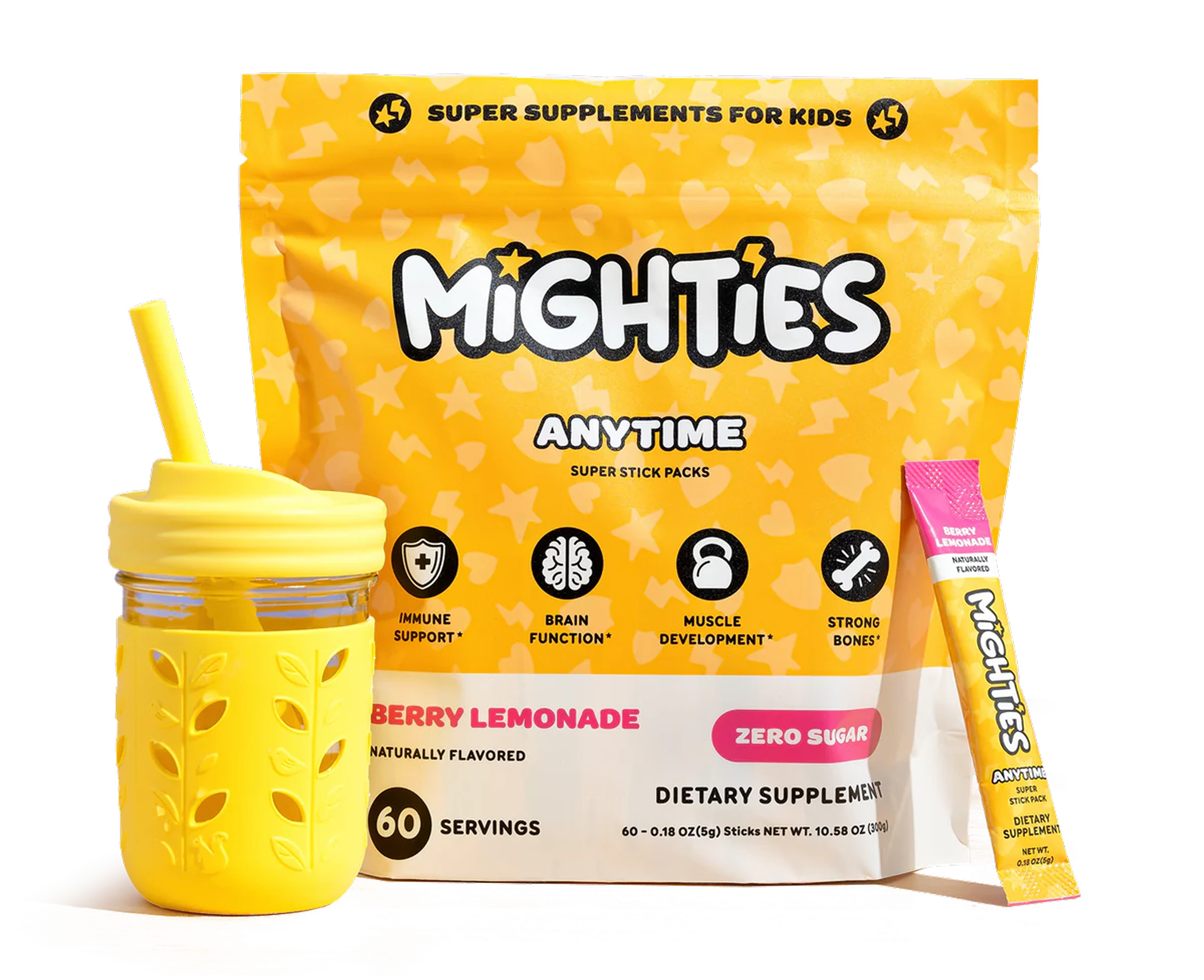 Yellow supplement pack with a yellow cup and straw, labeled 'Mighties' for kids.