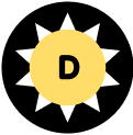 Yellow sun icon with a letter 'D' in the center on a black background.