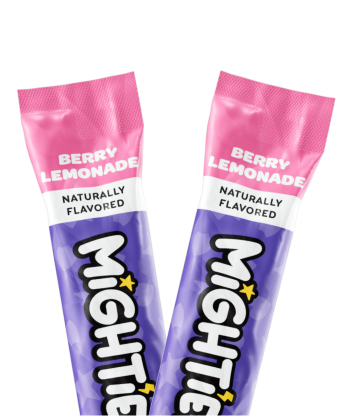 Two berry lemonade flavored drink sticks with pink tops and purple bottoms.