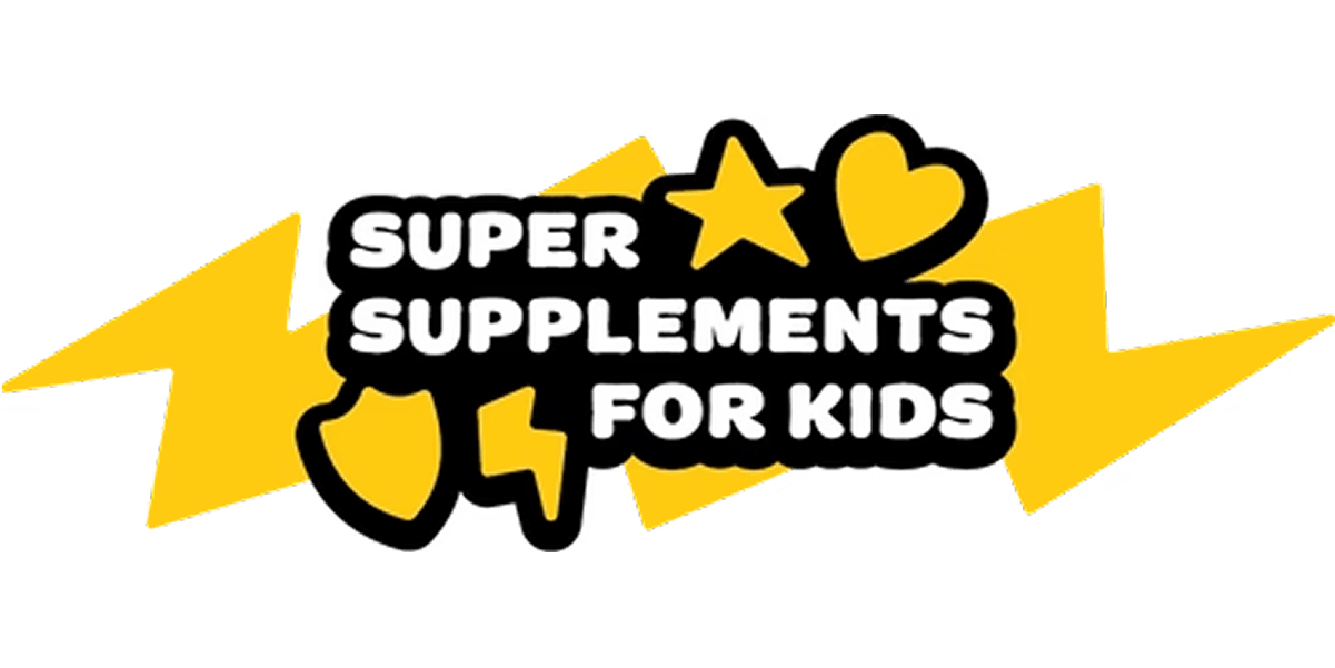 Text 'Super Supplements for Kids' with yellow stars and hearts on a black background.