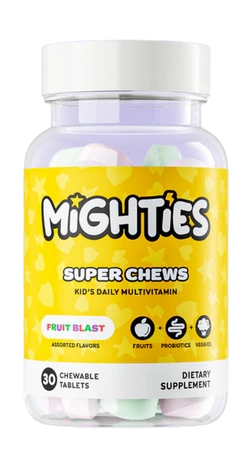 A bottle of Mighties Super Chews, kid's daily multivitamin, with a yellow label and 30 chewable tablets.