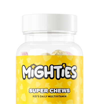 Yellow bottle labeled 'Mighties Super Chews' for kids, with a white cap.