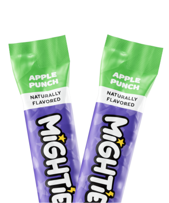 Two apple punch flavored MIGHTIE packets with green tops and purple bodies.