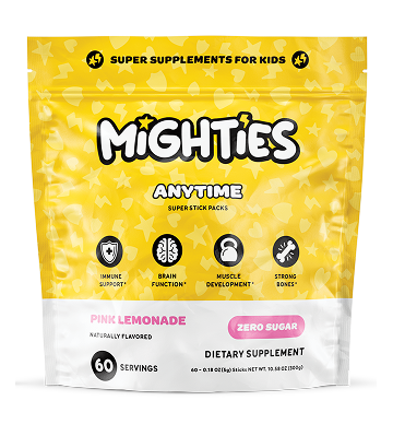 Yellow packaging of Mighties dietary supplement for kids, pink lemonade flavor, zero sugar, 60 servings.