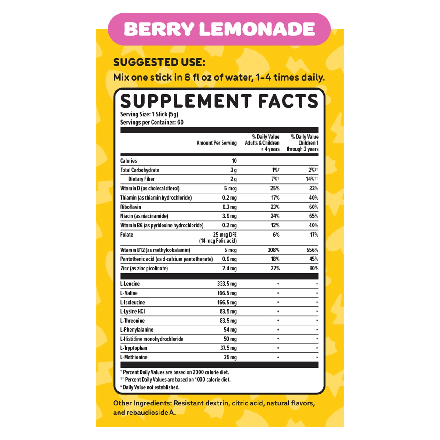 Berry Lemonade supplement facts label with nutritional information and suggested use.