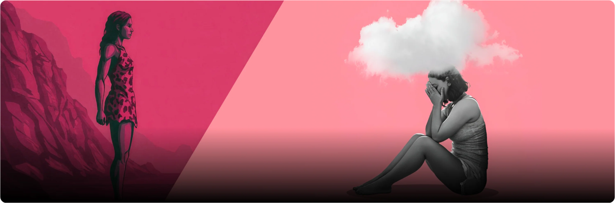 Two women, one standing on a cliff, the other sitting with a cloud over her head.
