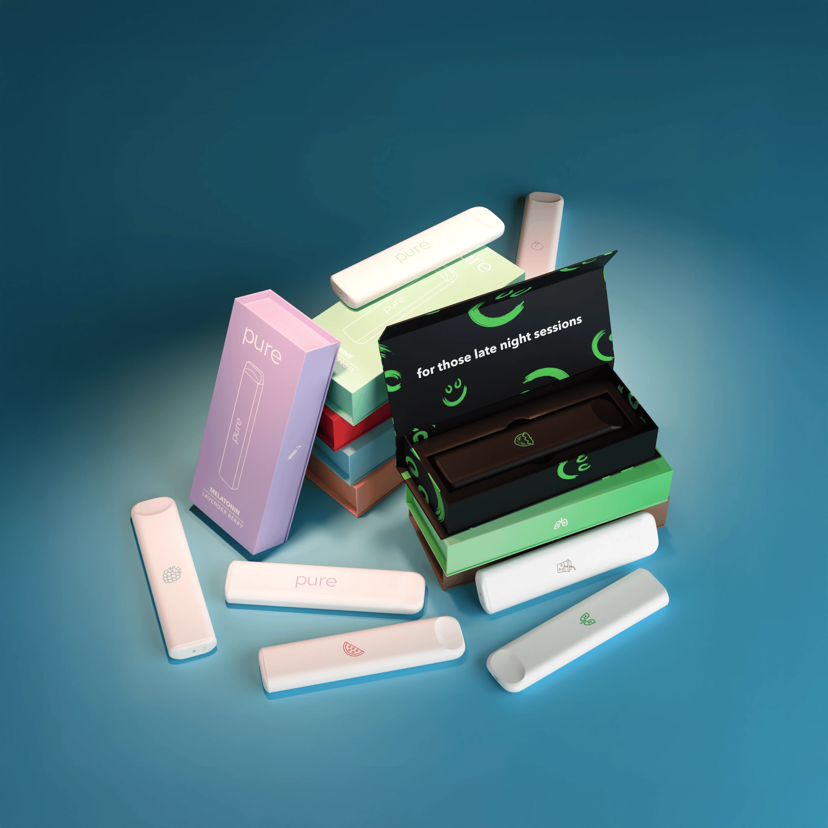 An assortment of colorful 'pure' brand vape pens and their packaging scattered on a teal background.