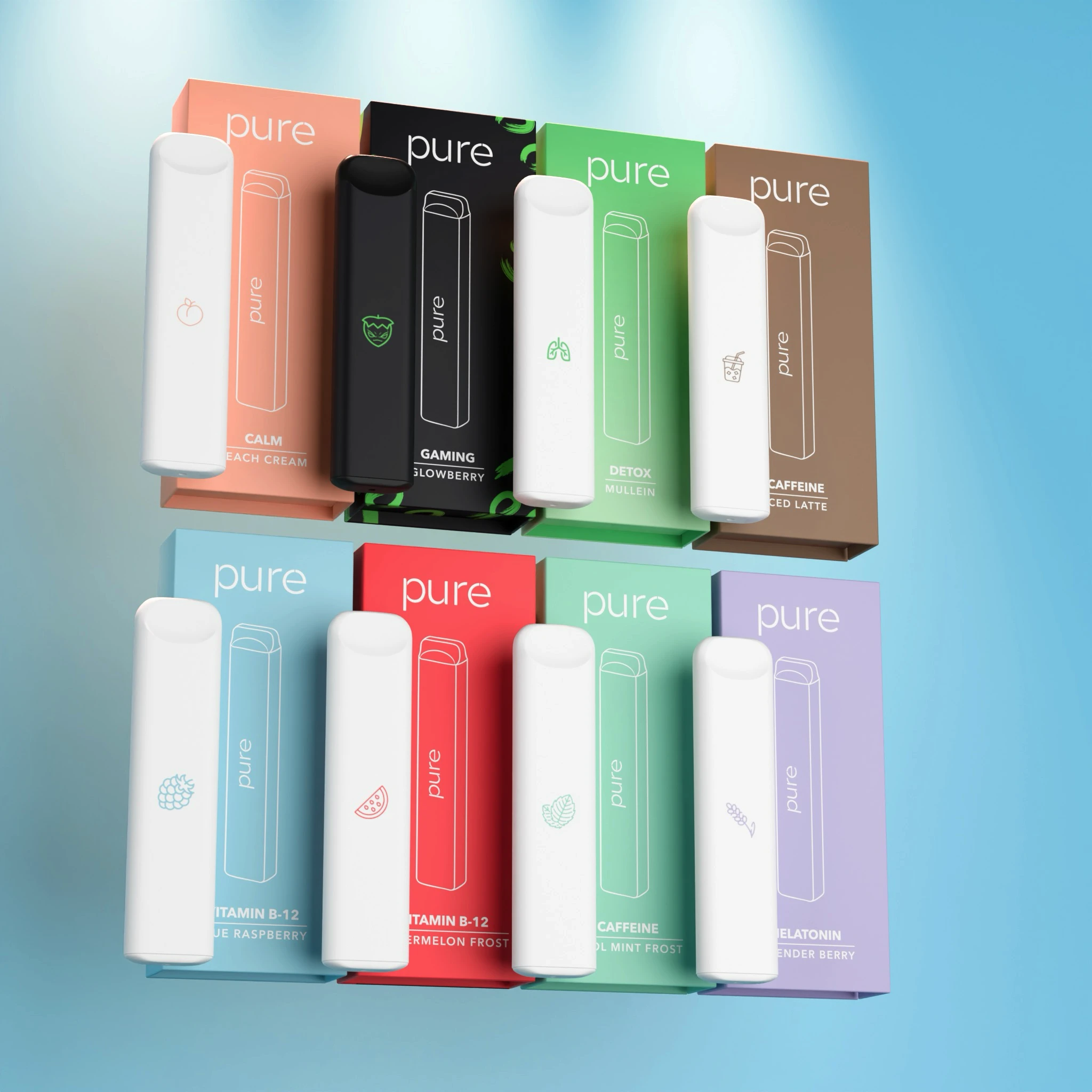 A collection of colorful 'pure' brand personal diffusers displayed with their packaging against a blue background.