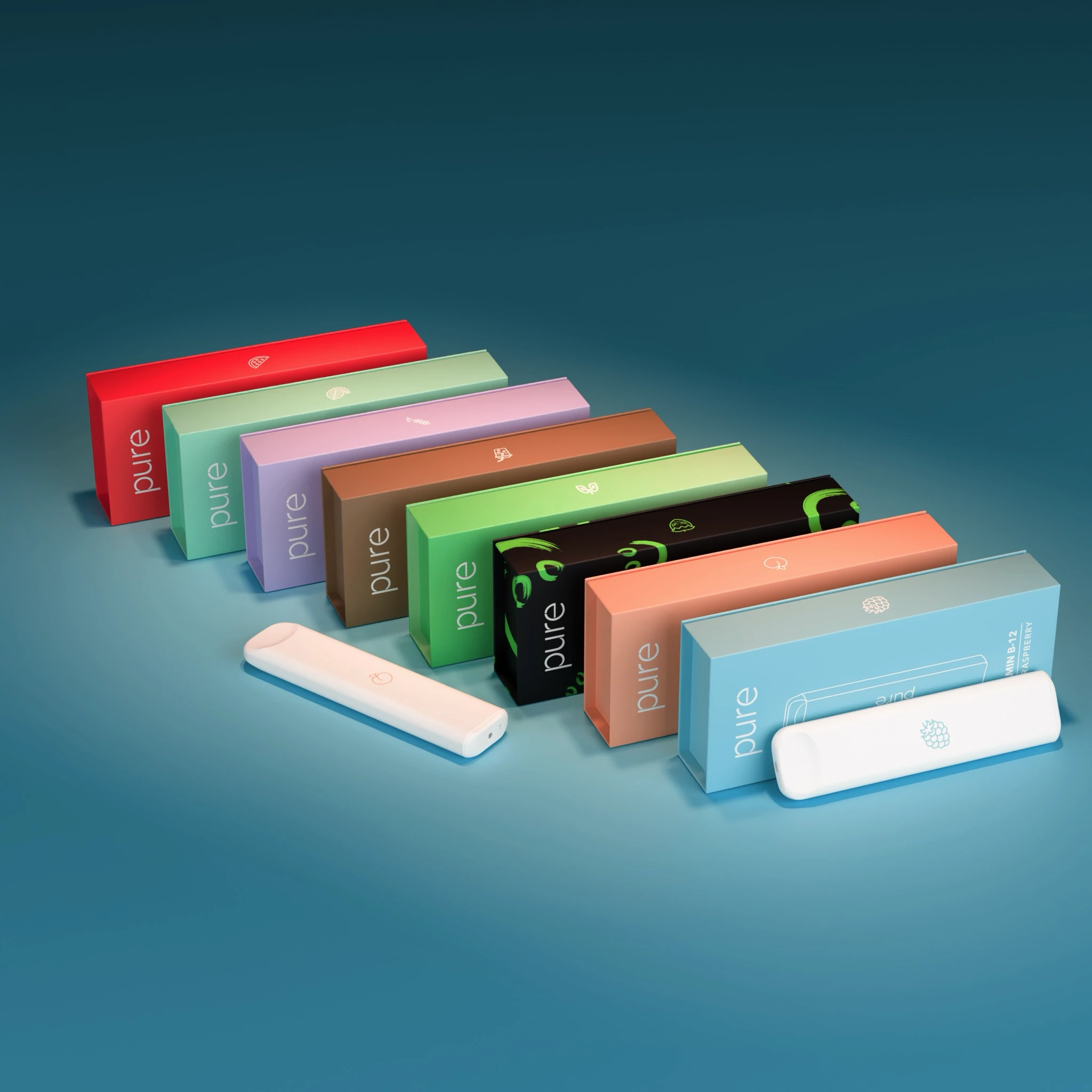 A lineup of colorful boxes for 'pure' vape pens with two devices displayed in front.