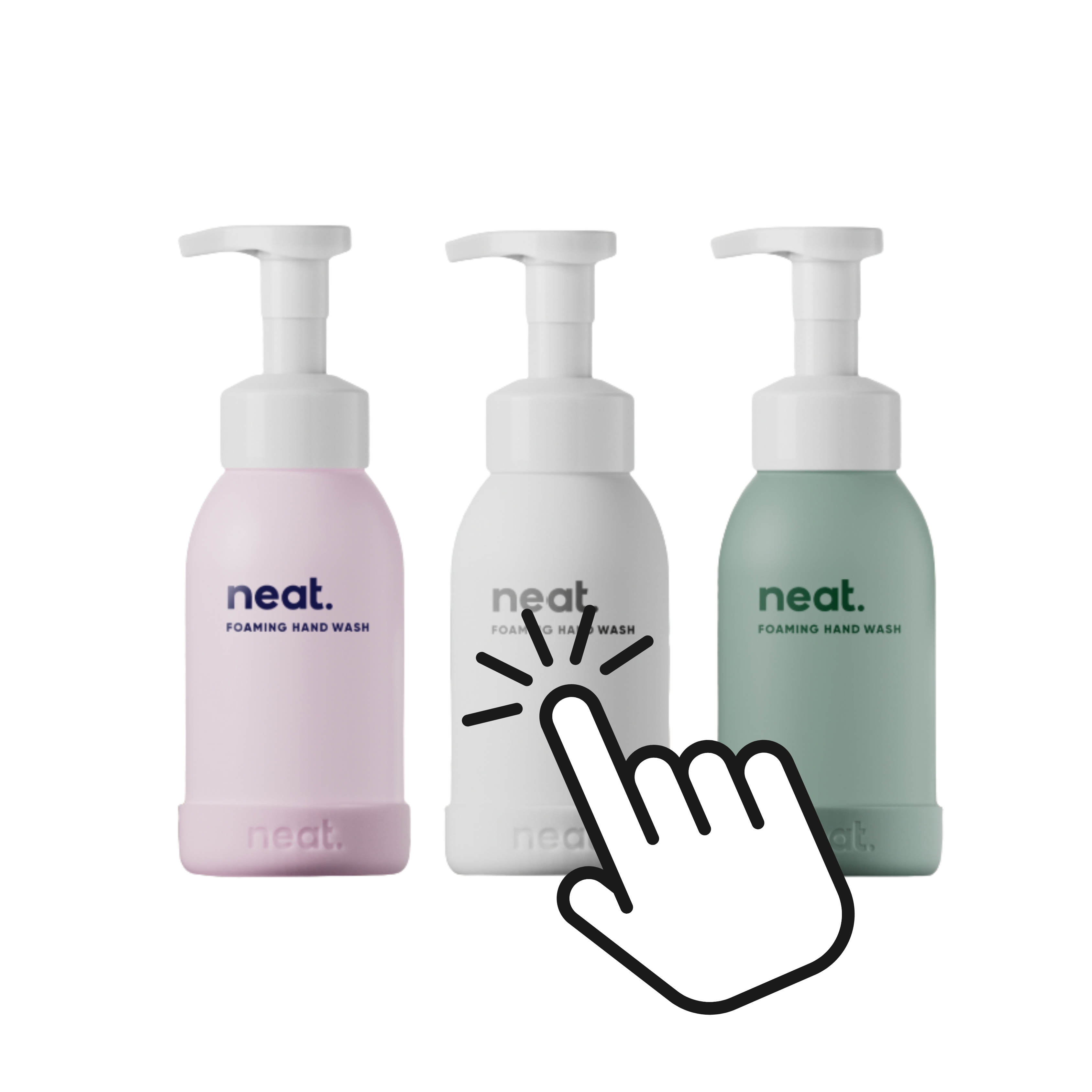 Three foaming hand wash bottles with a hand icon pointing at the middle one.