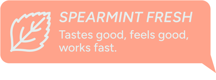 Speech bubble with text 'SPEARMINT FRESH: Tastes good, feels good, works fast.' and a leaf icon.