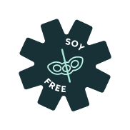 Badge with 'Soy Free' text and crossed-out soybeans icon.