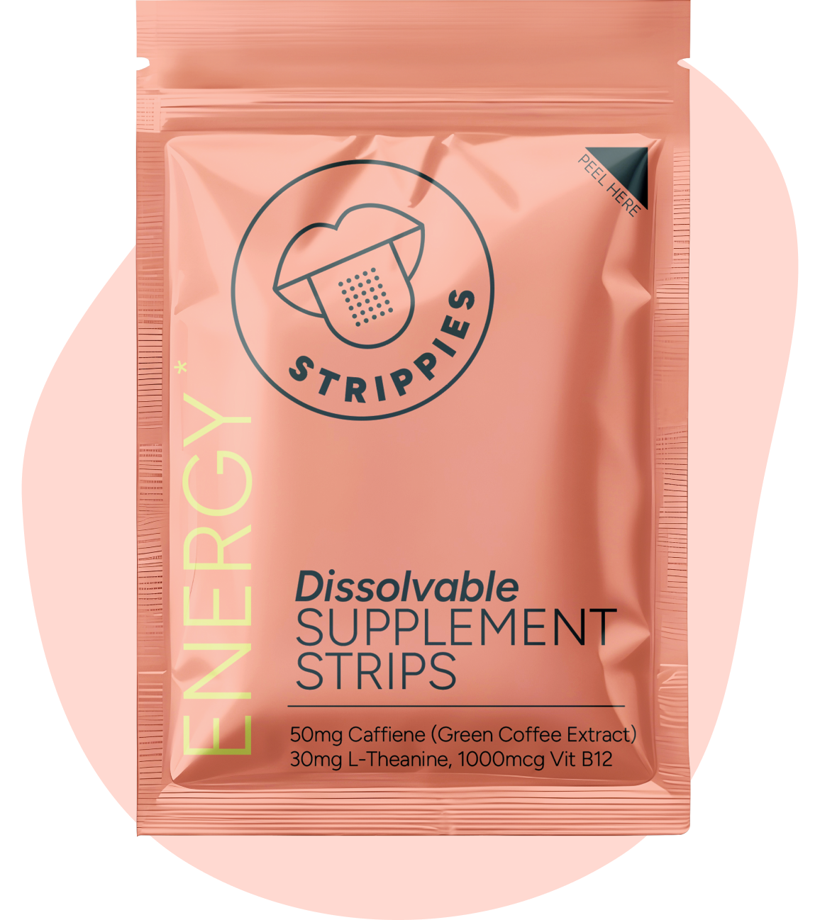 Pink package of dissolvable supplement strips labeled 'Strippies Energy.'