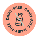 Circular badge with a crossed-out milk bottle and 'Dairy-Free' text.