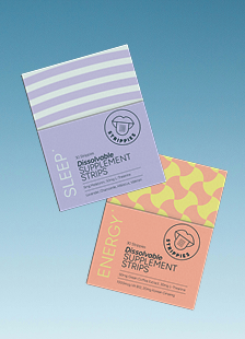 Two supplement strip packages labeled 'Sleep' and 'Energy' on a blue background.